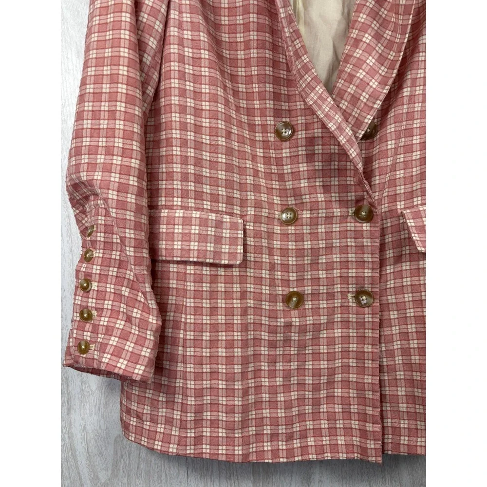 Free People Gingham‎ Blazer Womens M Pink Plaid Relaxed Cottagecore Boho Jacket
